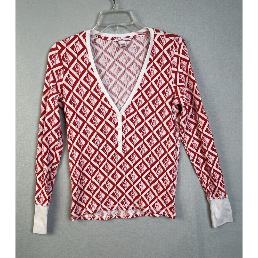 Victoria's Secret Thermal Weave Top Women's Small Red Cream Lounge Comfy Warm